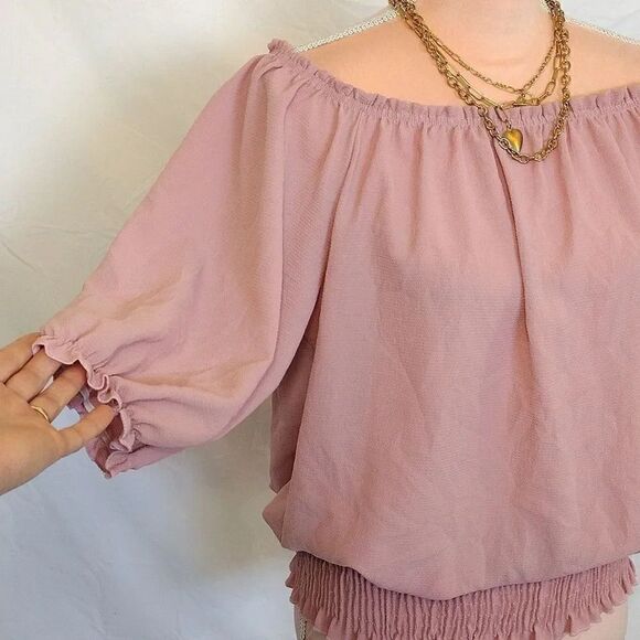 Love J Pink Blush Ruffled Off The Shoulder Smock Hem Blouse 1X - Picture 6 of 17